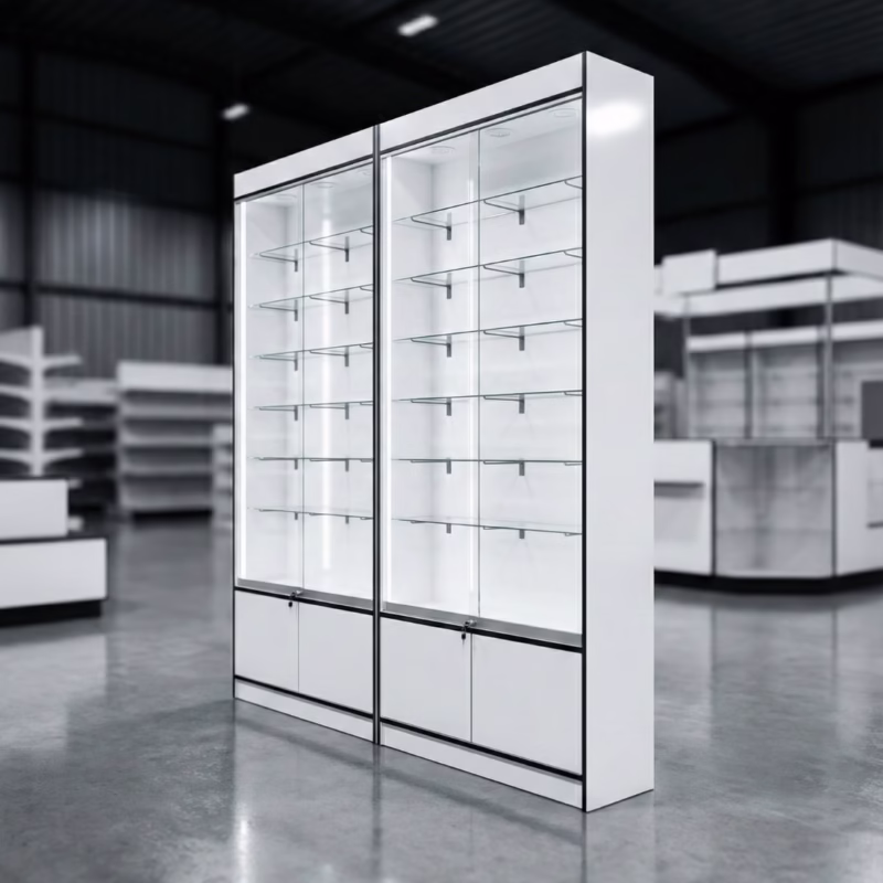 Luxe Hoge Vitrinekast Wit met LED-verlichting en Glazen Legborden