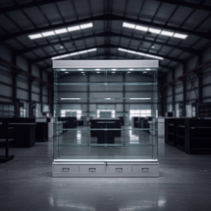 Witte Glazen Vitrinekast met 3 Laden en LED Verlichting